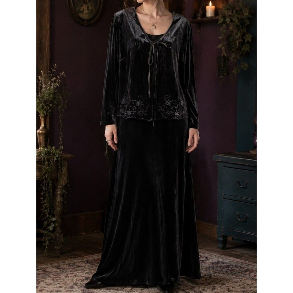 Vtg 90s Whimsigoth Black Velour Maxi Dress Set 12 Tie Front Topper Embroidery Ve